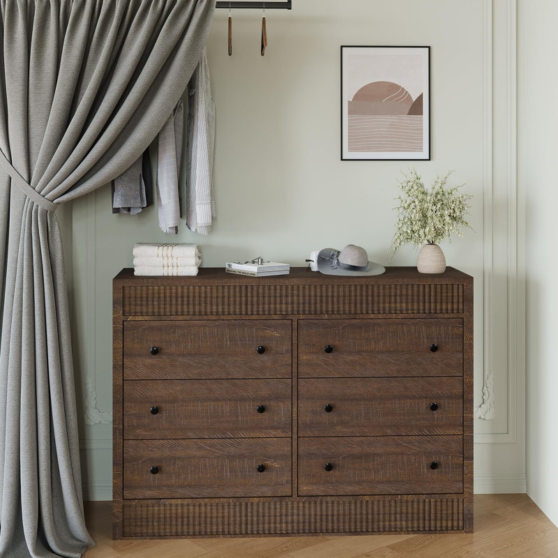 Modern Fluted 6 Drawer Dresser, 47" Wide Wooden Chest, Bedroom Living Room Hallway Entryway, Storage Organizer, Brown