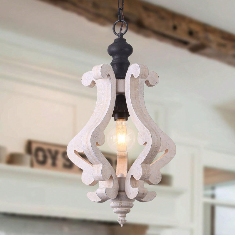 Farmhouse Cottage 1-Light Wood Chandelier With Adjustable Chain For Kitchen Island, Cream White