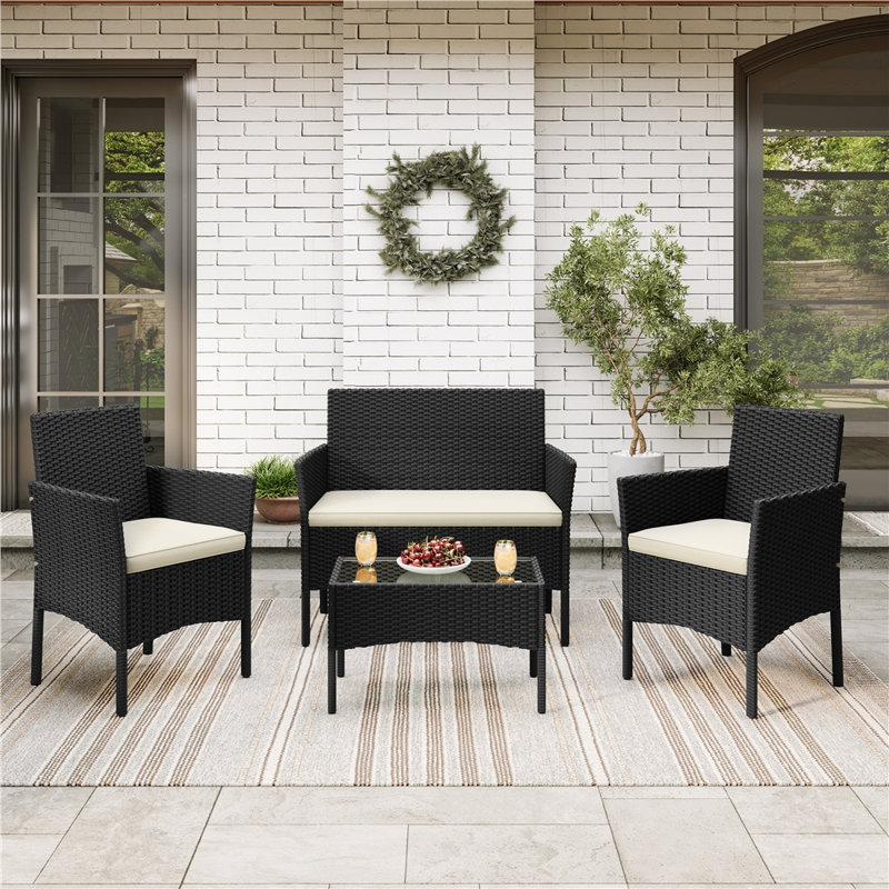 Patio Conversation Set with Cushions for Porch, Beige, Black