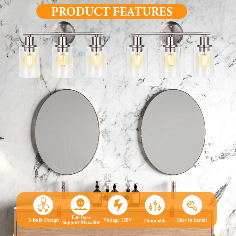  Bathroom Light Fixture with Clear Glass Shade, Brushed Nickel, 3 Lights