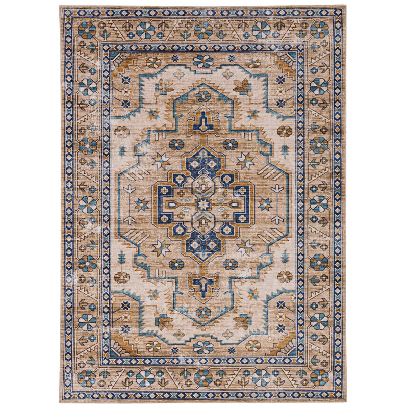 Aspers Machine Washable Ivory and Gold Area Rug, Rectangle 3' x 5'