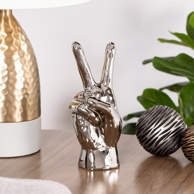 Peace Sign Hand Gesture Statue, 10" H x 4" W x 3.5" D, Silver