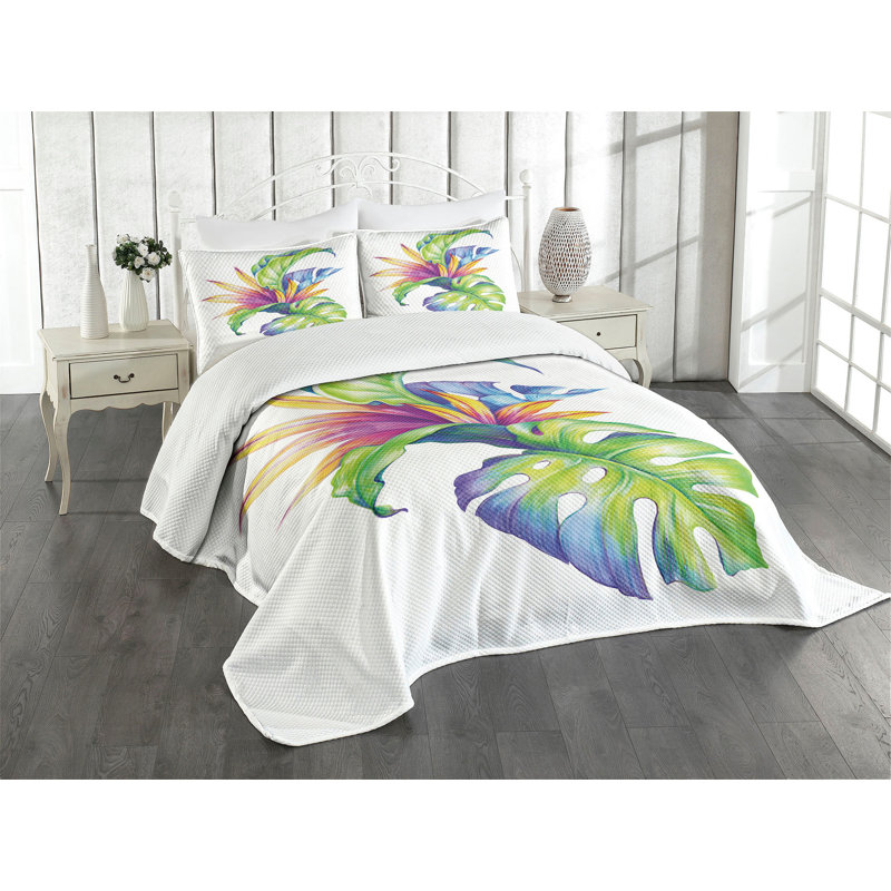 Ambesonne Plant Bedspread Set Abstract Colored Leaves Multicolor, Queen Bedspread + 2 Standard Shams