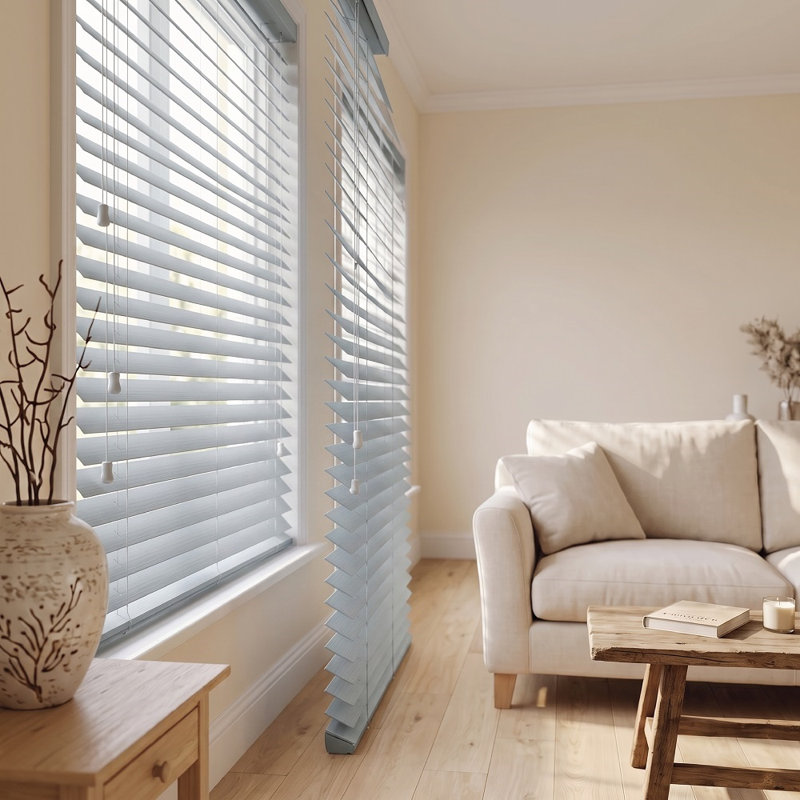 Modern PVC Faux Wood Venetian Window Blinds Moisture Resistant Corded Shades for Living Room Bedroom Kitchen, Grey