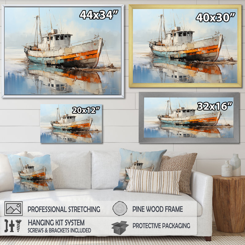 Bateau de pêche au port III - art mural bateau côtier, H 30 po x l 40 po x P 1,5 po, Cadre flottant blanc
