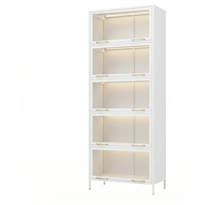 76.75'' Tall Iron Display Cabinet With Glass Doors, 5-Tier Steel Barister Bookcase With Led Lights For Collectibles, Modern Style Curio Cabinet For Home Living Room Office Study & Playroom - White