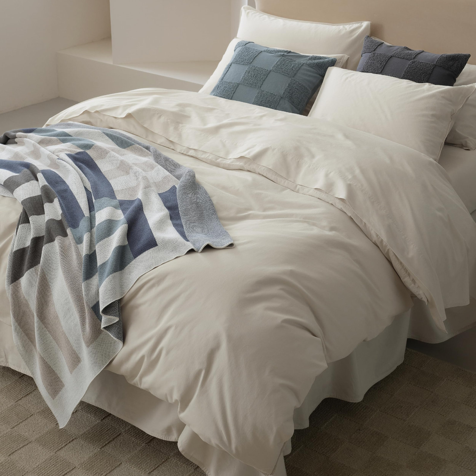 Double Stitch Cotton Duvet Cover Set, Queen Duvet Cover + 2 Pillow Shams, Coconut White