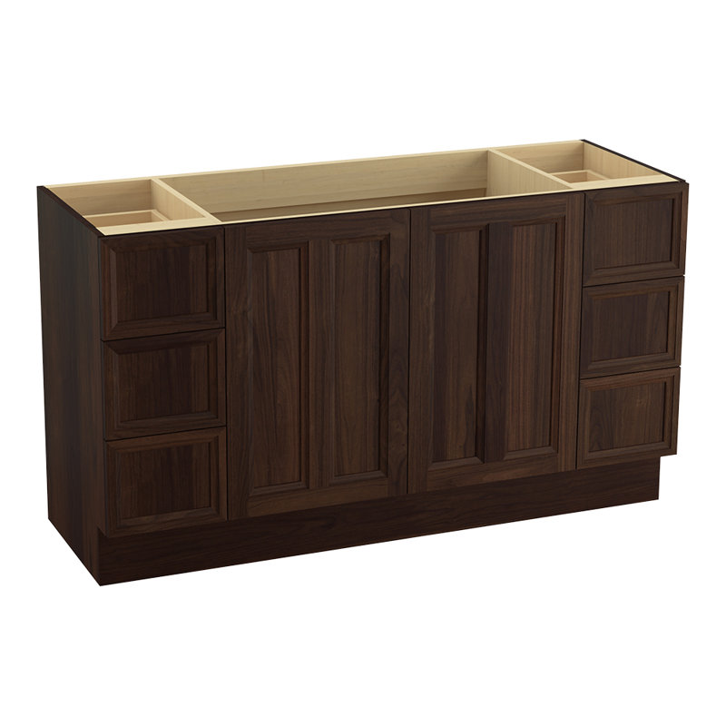Damask 60" Vanity Base Only with Toe Kick, 2 Doors and 6 Drawers, Split Top Drawers, Ramie couleur noyer
