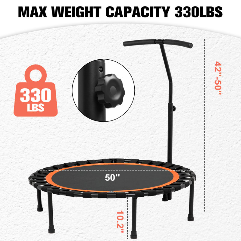 Mini trampoline pliable de 50 po pour adultes, trampoline de rebond à l'élastique intérieur / extérieur de 330 lb avec poignée en mousse réglable en forme de T, équipement d'exercice stable et silencieux pour la gymnastique à domicile