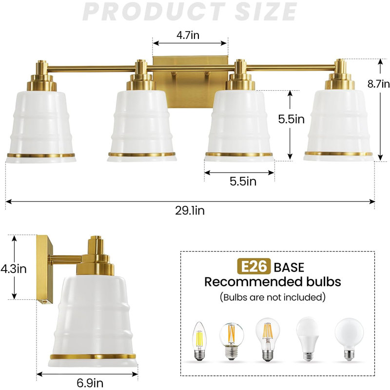 Luminaire de meuble-lavabo doré avec abat-jour en verre blanc laiteux, applique murale 4 lumières pour miroir de salle de bain moderne, compatible avec la base E26