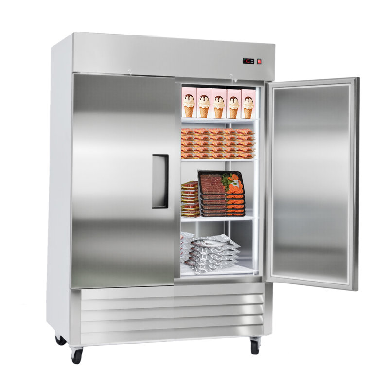 Commercial Freezer, 32.2 in Width Reach In Upright-Freezer Double Door, 43.2 Cu.ft Auto-Defrost Stainless Steel Freezer with 8 Adjustable Shelves, -11 to 14℉ Temp Control, LED Light, 4 Wheels