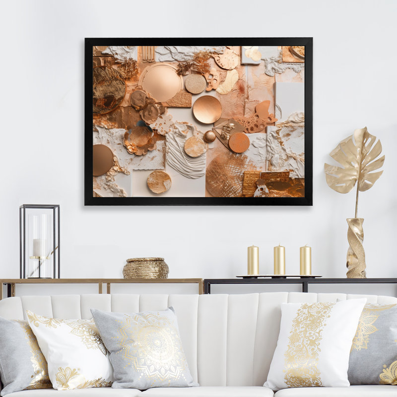 Sérénité géométrique dorée et blanche sur toile, Cadre photo noir, H 34 po x l 44 po x P 1,5 po