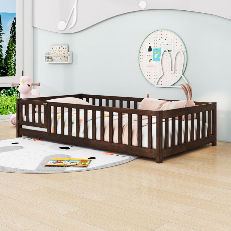 Wooden Low-Floor Bed With Enclosed Fence Design And Door, Twin, Espresso