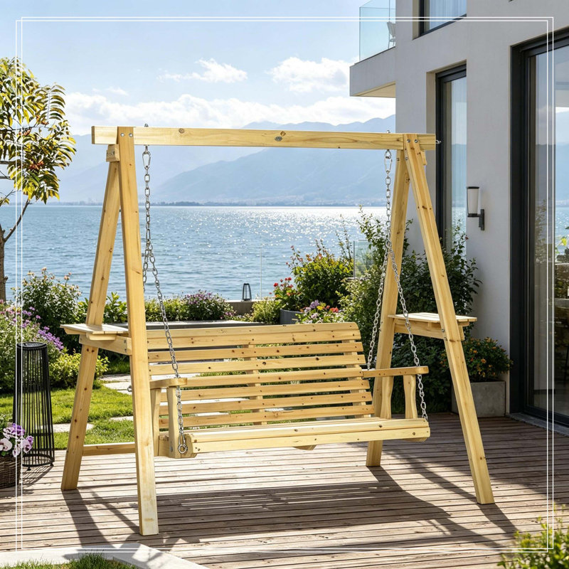 Balancelle 2 places avec support, balancelle de patio en bois avec tables d'appoint et chaînes en métal, banc suspendu pour l'extérieur