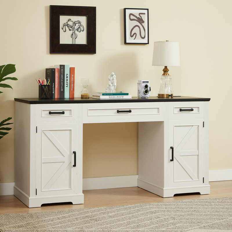 Farmhouse Executive Desk With Charging Station, Computer Desk With Drawers And Large Storage Cabinet, Black