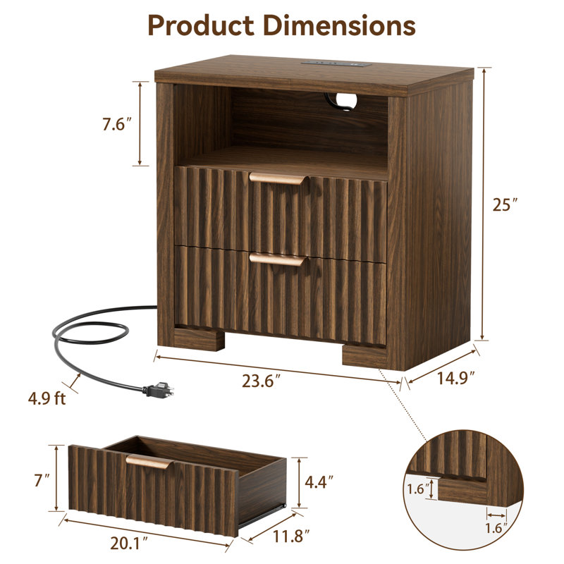  23.6''W 2-Drawer Nightstand With Outlets & Open Shelf, Bedside Table for Bedroom, Set of 2, Walnut