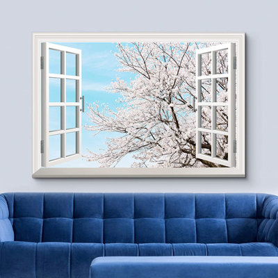«Window Scenery Cherry Blossom in Clear Sunny Sky in Spring», impression sur toile tendue