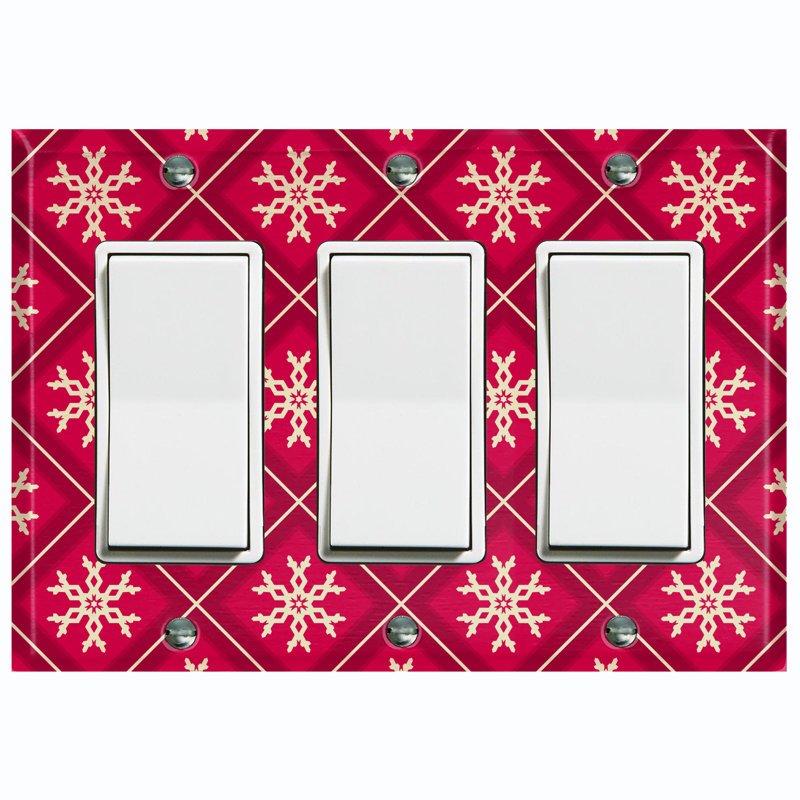 Christmas Red Plaid Snow Flakes Holiday Themed 3 - Gang Toggle Light Switch Standard Wall Plate, 4.5" H x 4.56" W x 0.15" D