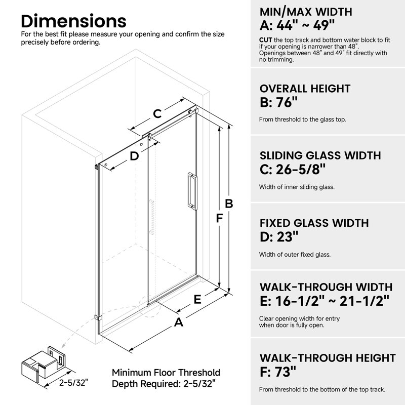 44-49" W X 76" H Frameless Single Sliding Shower Door with 3/8" (10mm) Clear Tempered Glass, Shatter-Resistant Film & Installation Hole Locator - Square Top Rail