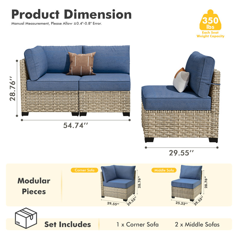 Ensemble de conversation modulaire en osier 3 pièces avec coussins, Bleu denim