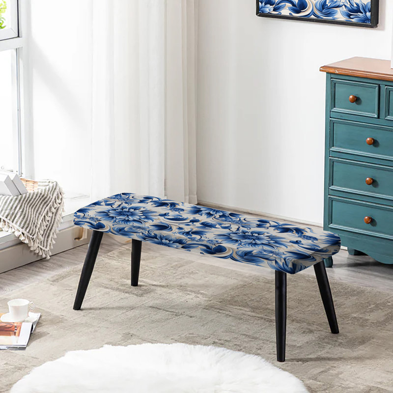 Botanical Upholstered Black Bench, Blue And White Manx Mosaic Flowers