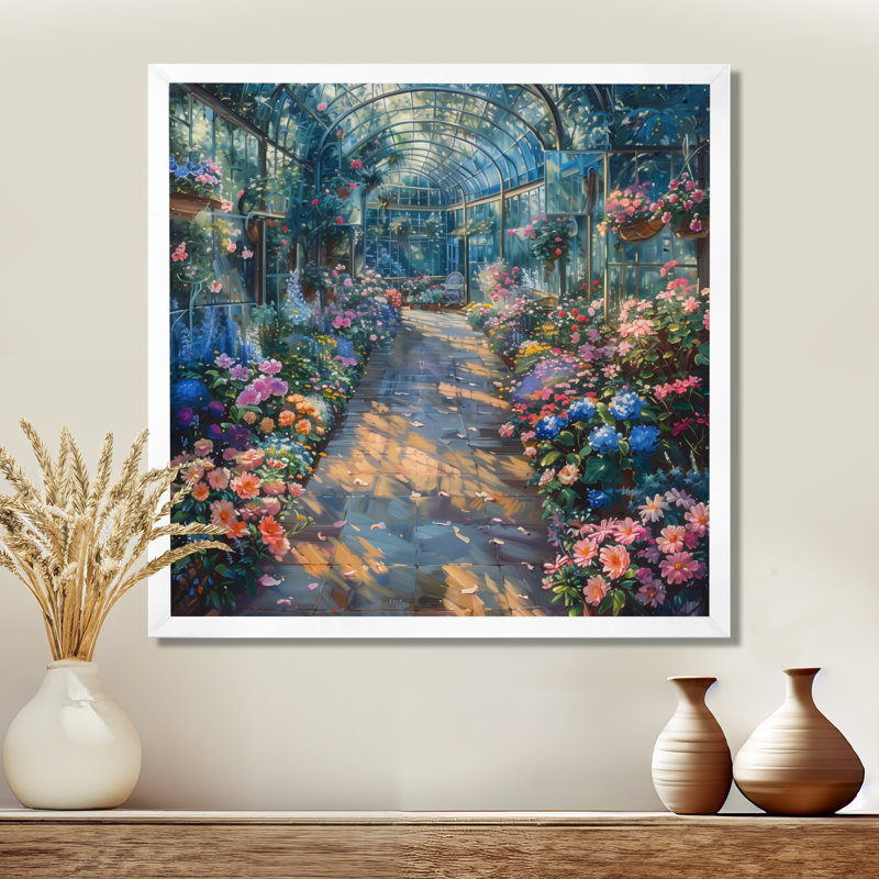 Jardin rose et vert Eden Greenhouse I - Art mural, Cadre photo blanc simple, bois massif, H 30 po x l 30 po