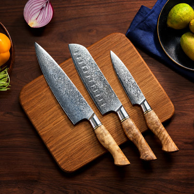 Ensemble de 3 couteaux de cuisine en acier damassé - Dynasty Essentials - Acier japonais VG10 et manches en bois de sycomore - Couteau de chef 20 cm, Santoku 18 cm, couteau utilitaire 13 cm