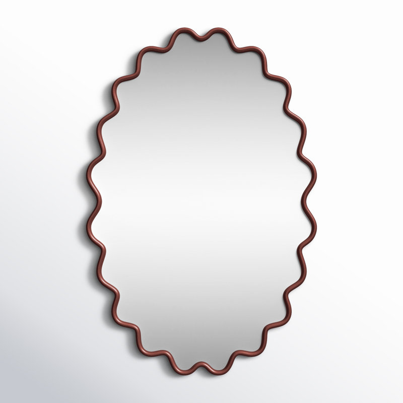 Anders Modern Wavy Framed Oval Wall Mirror, Dark Red