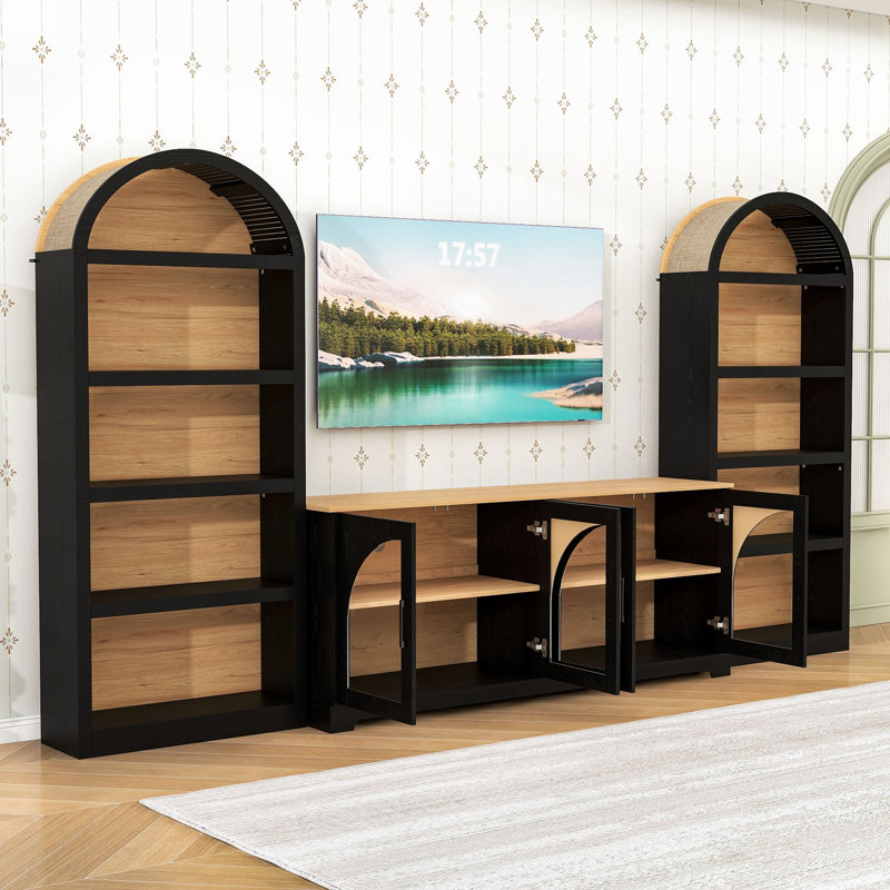 Ensemble de meuble télé 3 pièces avec portes en verre, bibliothèques arquées, rangement réglable et conception anti-basculement sécuritaire