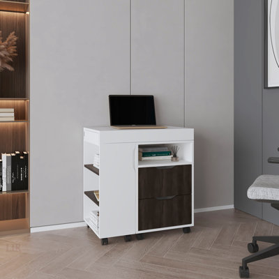 Bureau extensible San Diego avec deux tiroirs, sept tablettes et roulettes pour un espace de travail et un rangement flexibles