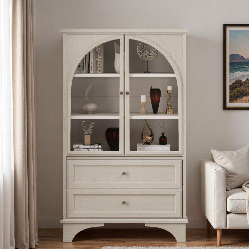 Glass Door Display Case Storage Cabinet With 2 Drawers And Adjustable Shelves, Vintage White