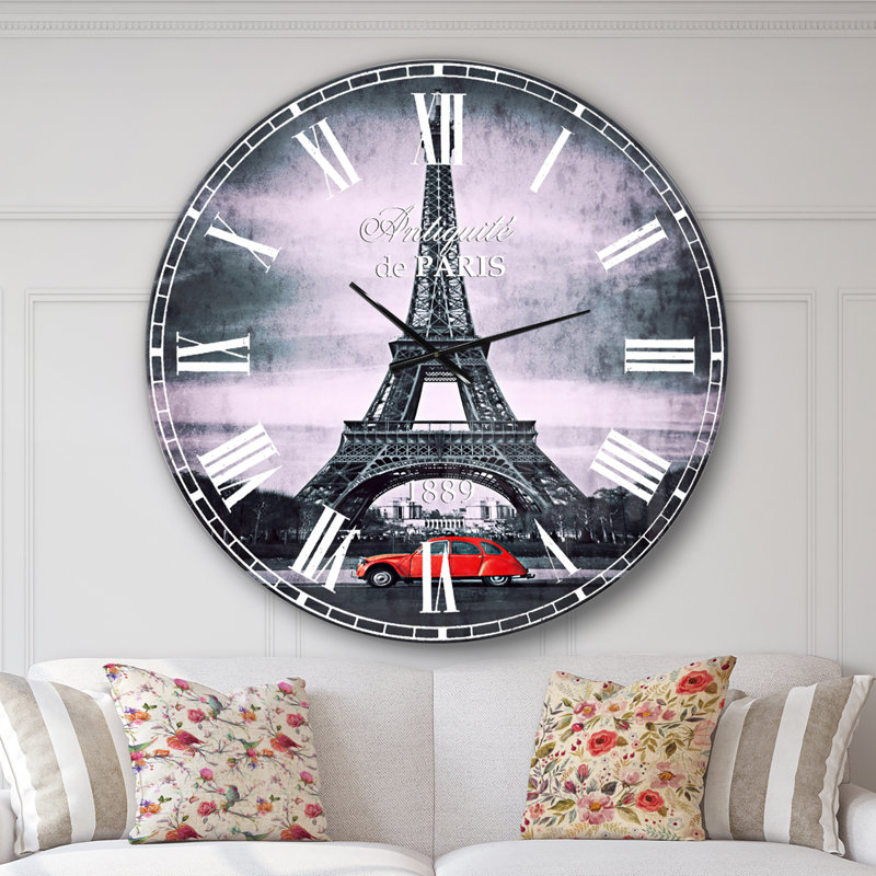 Horloge murale Eiffel et vieille voiture rouge - campagne française, Surdimensionné