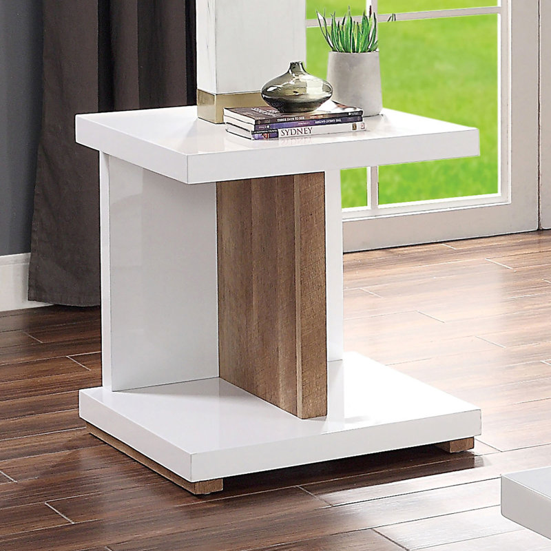 Table de bout moderne à deux tons avec tablettes ouvertes et base en bois pour des espaces de vie élégants