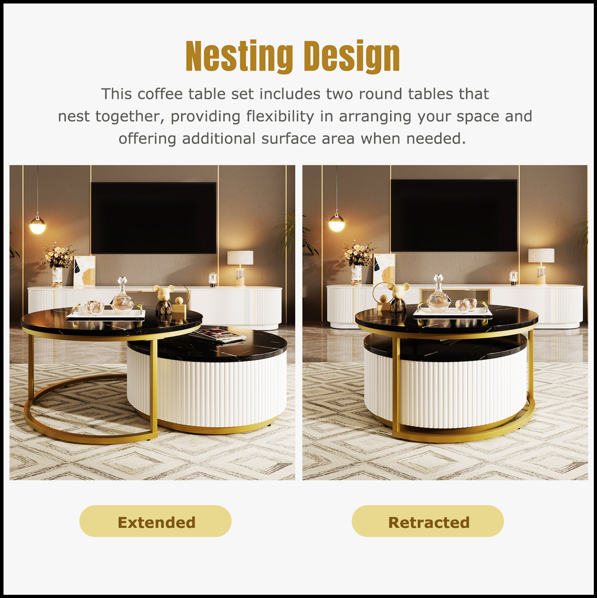 Mercer41 Modern Round Nesting Coffee Table with Fluted Design and ...