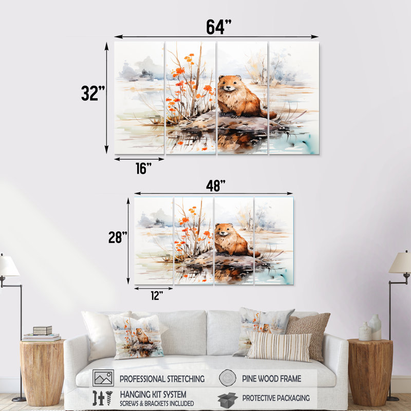 «Watercolor Stream Beaver Serenity I - Beaver», art mural 4 pièces, H 28 po x l 48 po