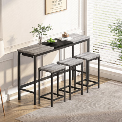 Table de salle à manger de cuisine moderne, table de pub, ensemble de table de salle à manger longue avec 3 tabourets, conception de tabouret suspendu pratique