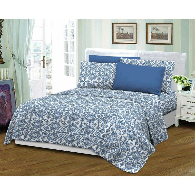 Percale Damask Sheet Set, Blue, King Sheet Set + 1 Fitted Sheet + 4 Pillowcases