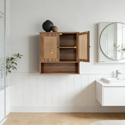 Rattan Wall Cabinet With Double-Door Design - Boho Chic Over The Toilet Storage Cabinet For Bathroom, Kitchen, Living Room - Hand-Woven Natural Rattan, Wall Mounted, 3-Tier Open Shelf