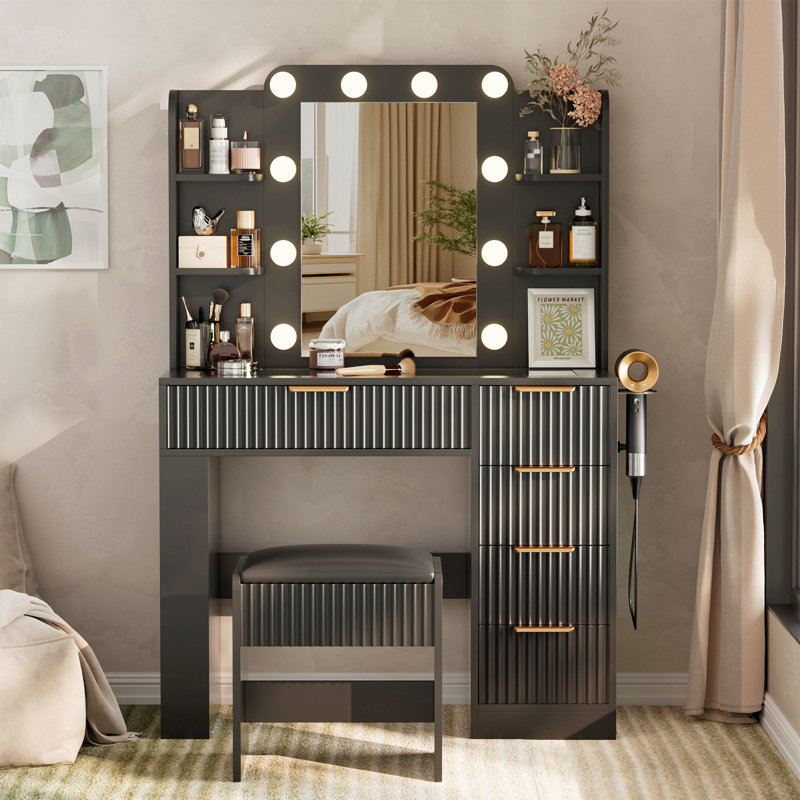 Vanity Table With Mirror And Lights, Vanity Desk And Cushioned Stool Set With Charging Station, Storage Drawers And Transparent Tabletop For Women Girls Bedroom