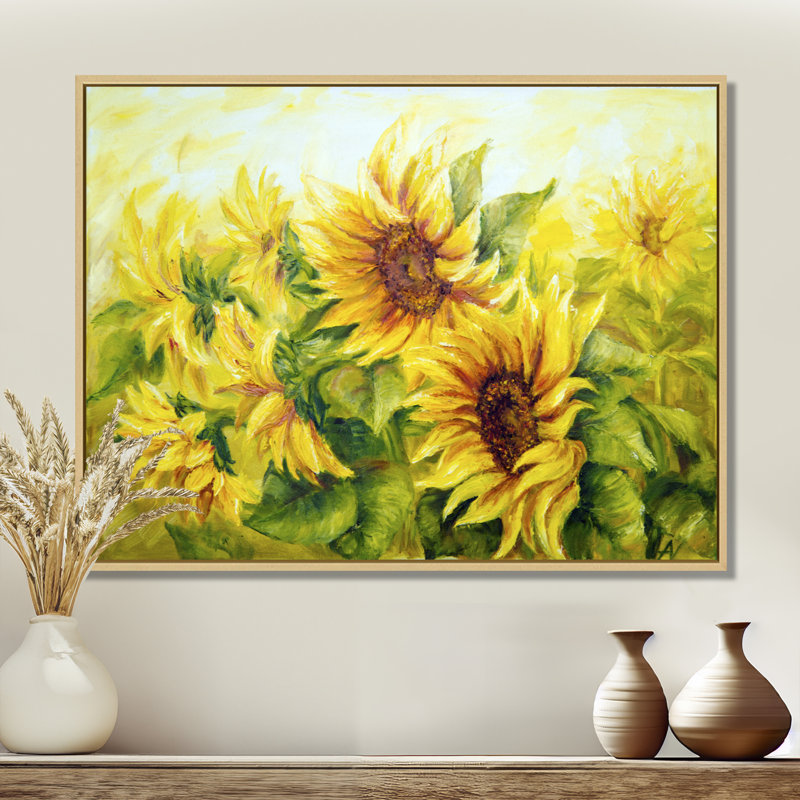 Bright Yellow Sunny Sunflowers - impression d'art graphique, H 16 po x l 32 po, Cadre flottant, Érable