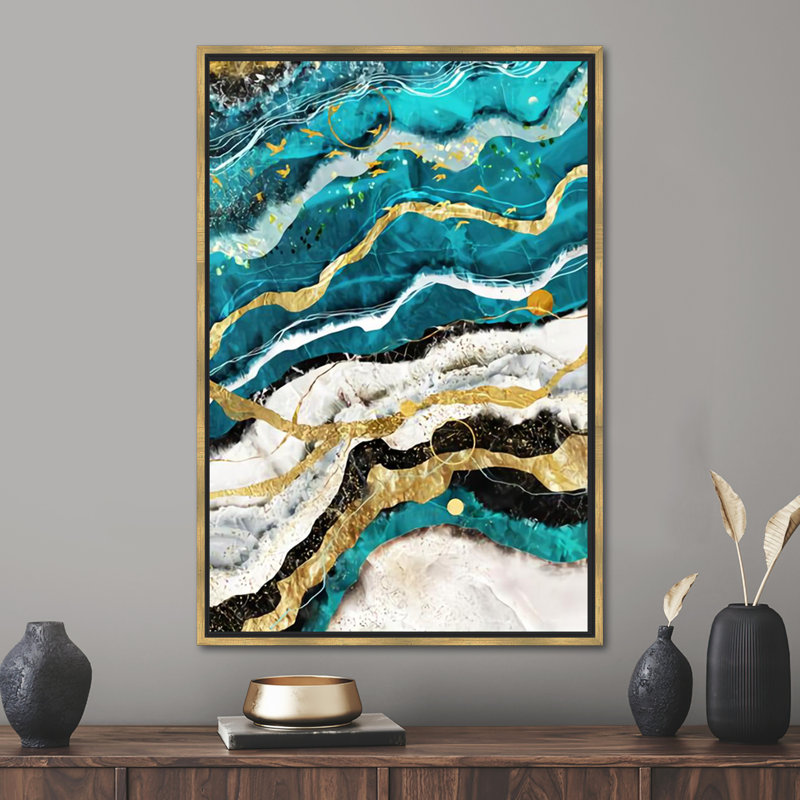 Abstract Luxury Marble Art Canvas - Shimmering Sophisticated Wall Decor, Floater Framed Print without Mat, 60 cm H x 90 cm W