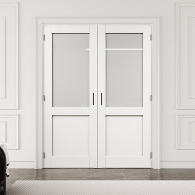 Porte française intérieure en verre givré 64 po x 80 po avec quincaillerie noire, poignée et poignée à boule, plaque de porte en verre trempé avec intimité, pouvant être peint et imperméable, combinaison pour la lessive, portes de placard, portes de pièce, assemblage requis