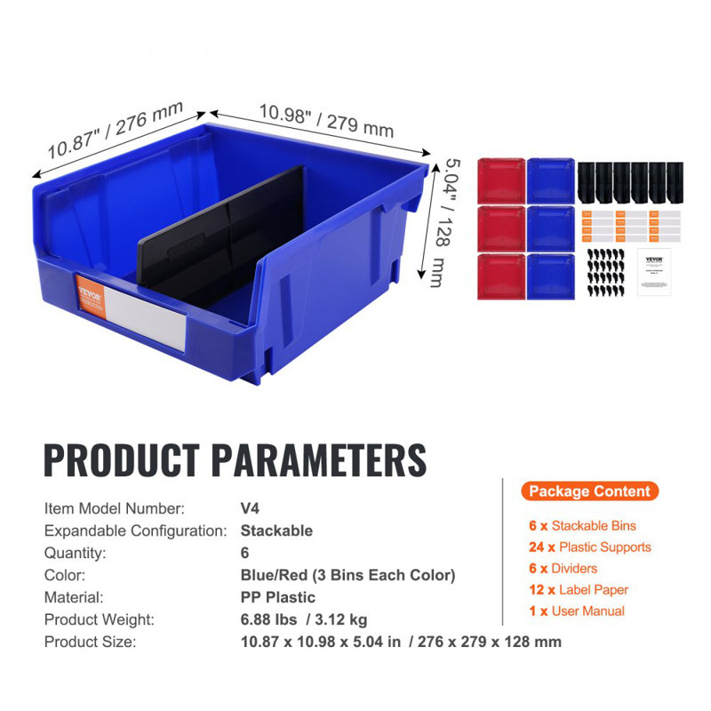 Bac de rangement en plastique (11 pouces x 11 pouces x 5 pouces), bac de rangement empilable et suspendu