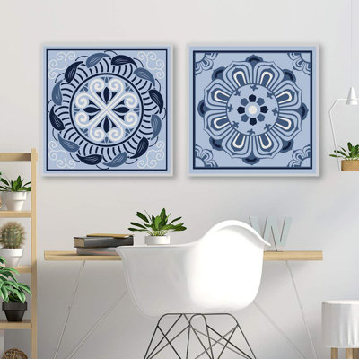 Mandala variété de tuiles de feuilles bleues duo sur toile, ensemble de 2 pièces