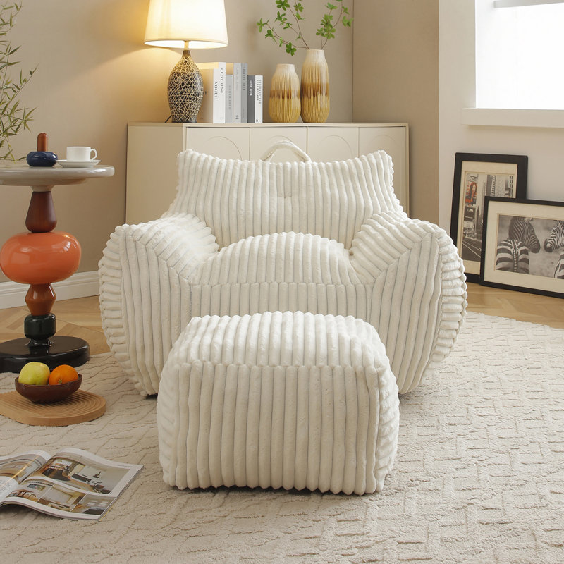 Fauteuil à billes avec repose-pieds Corduroy, Beige