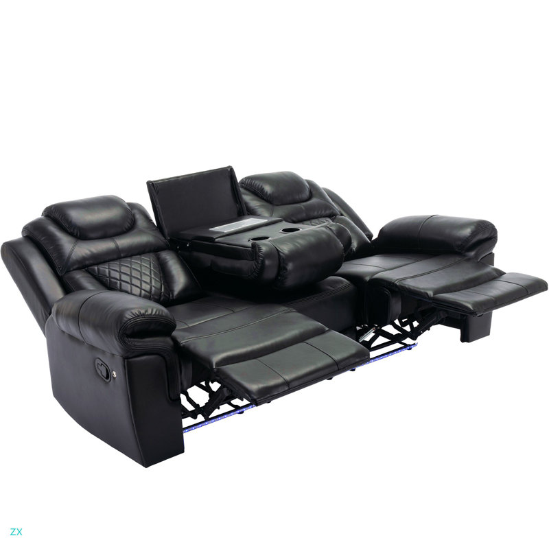 Home Theater Seating Manual Recliner Chair With Center Console And LED Light Strip For Living Room, Black