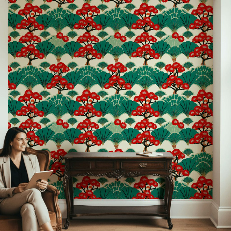 Papier peint floral avec motif géométrique asiatique
