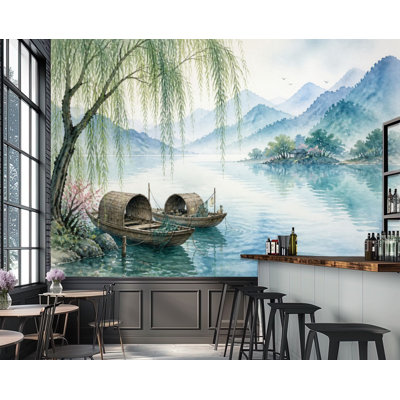 Peel and Stick Wallpaper Tranquil Lake Trees Traditional Fishing Boats Wall Murals 100"H x 144"W Removable PVC Wall Paper Self-Adhesive Wall Decor for Bedroom Living Room Home Office