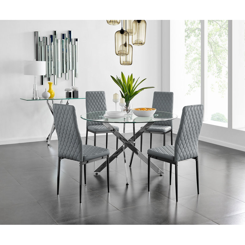 Tierra 100Cm Round Dining Table And 4 Grey Gold Leg Chairs, Grey/Black