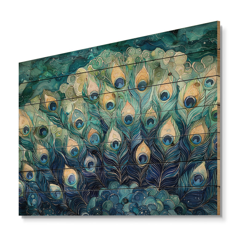 Collage de plumes de paon bleu et vert III - Art mural en bois oiseau - sur bois de pin naturel, H 10 po x l 20 po